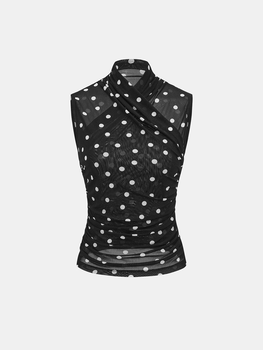 Ruched Mesh Top with Polka Dot Print and Sleeveless Design