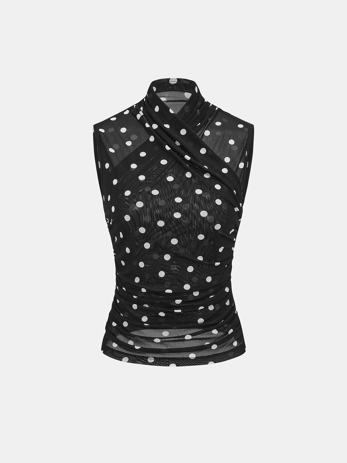 Ruched Mesh Top with Polka Dot Print and Sleeveless Design