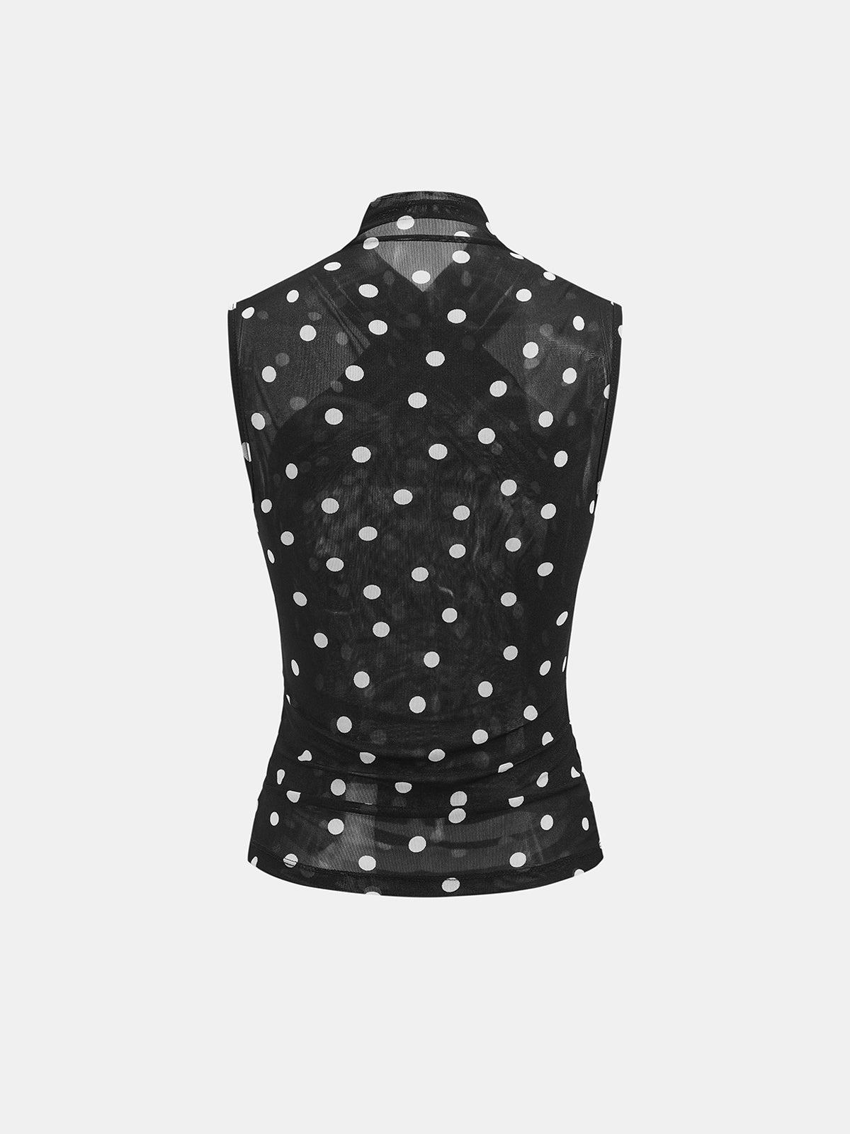 Ruched Mesh Top with Polka Dot Print and Sleeveless Design