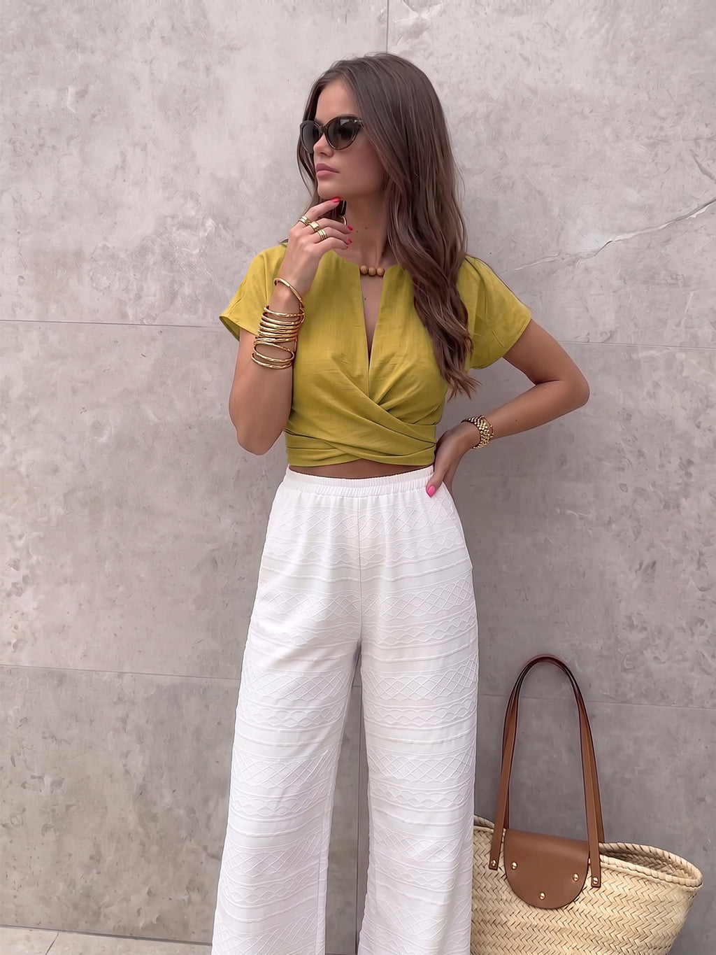 Tie-Back Wrap Crop Short Sleeve Blouse