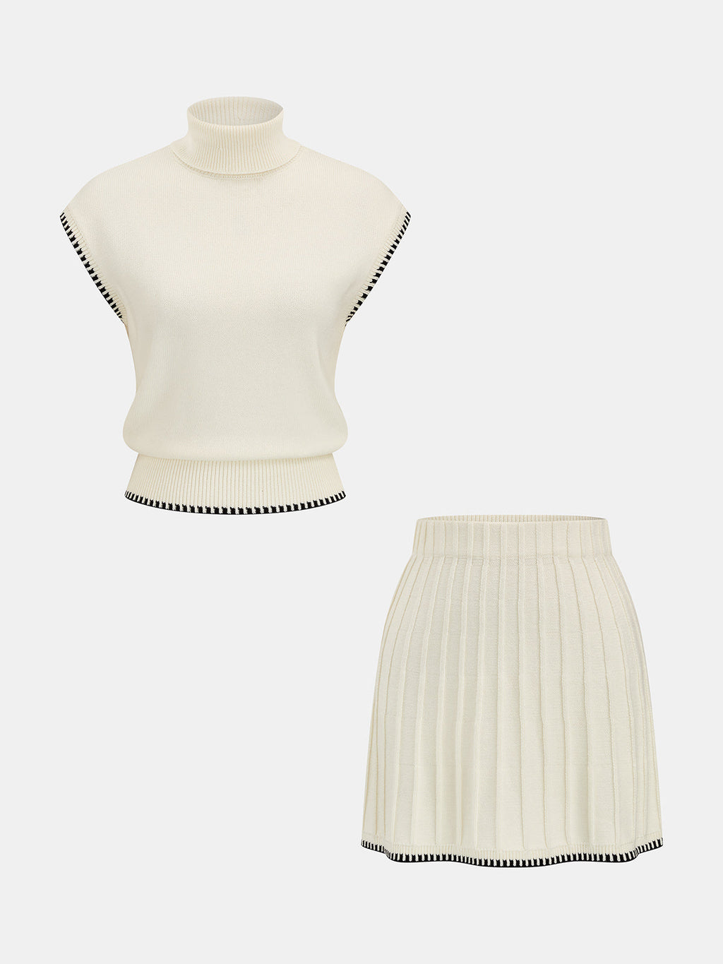 Chic Turtleneck Knit Top and Skirt Ensemble with Contrast Trim