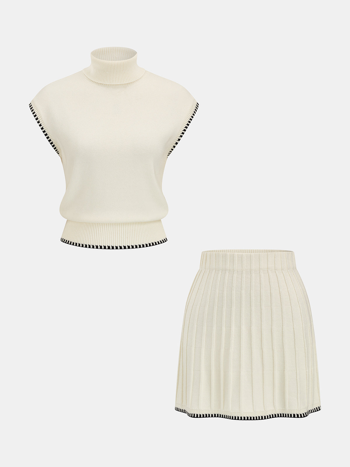 Chic Turtleneck Knit Top and Skirt Ensemble with Contrast Trim