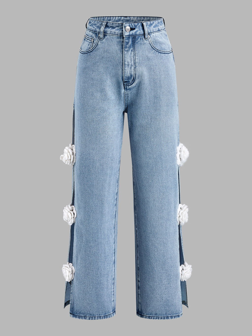 Floral Embellished Wide Leg Jeans with Side Slits