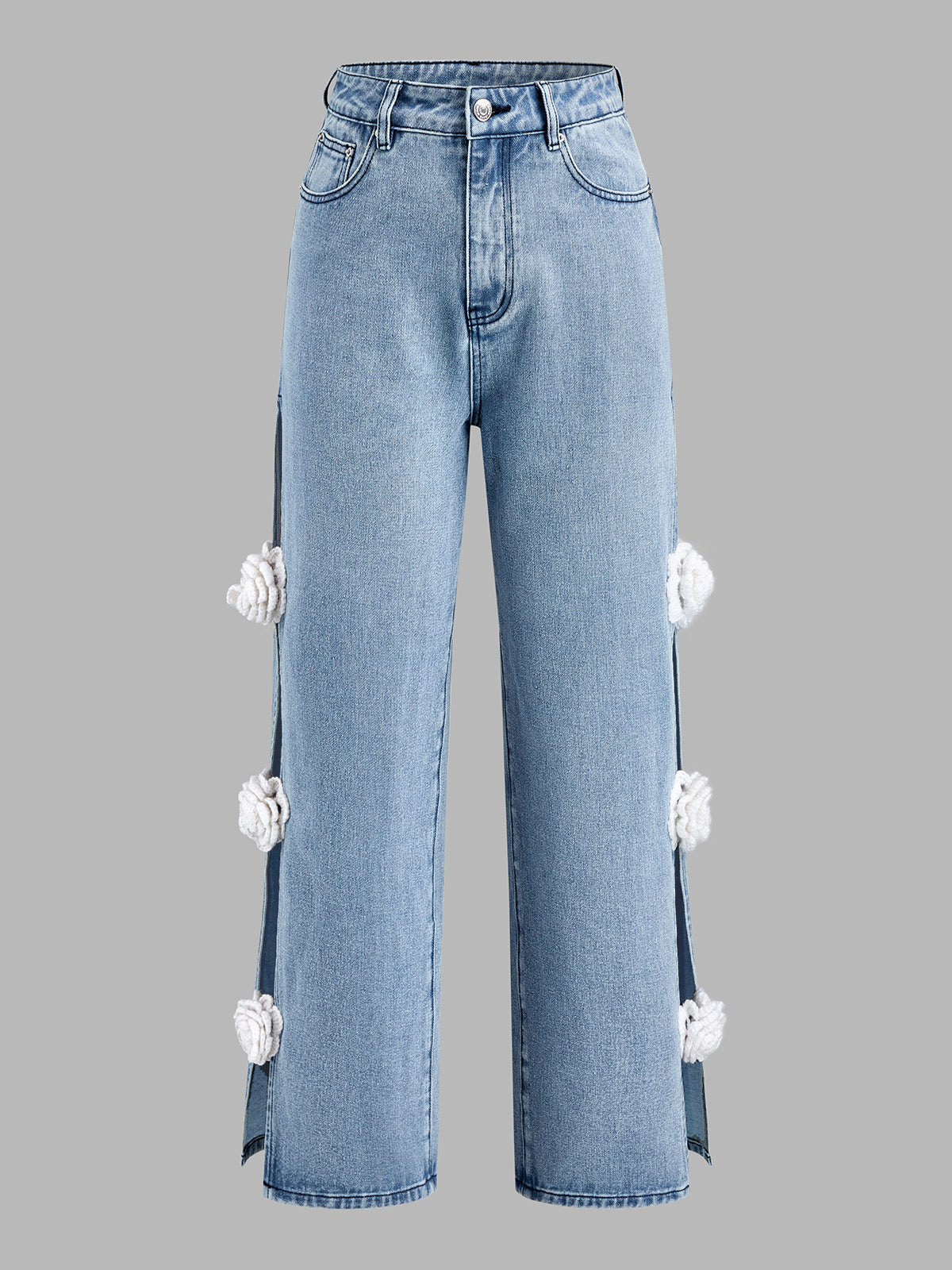 Floral Embellished Wide Leg Jeans with Side Slits