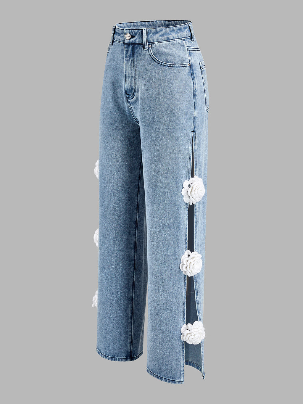 Floral Embellished Wide Leg Jeans with Side Slits