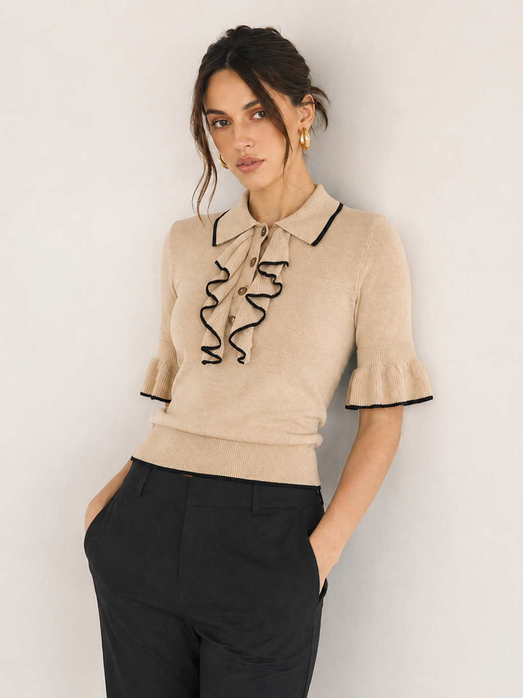 Ruffled Knit Top with Contrast Trim Details