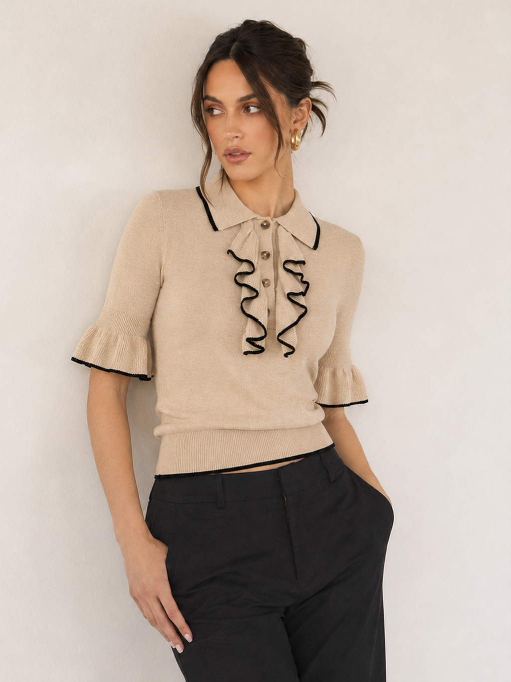 Ruffled Knit Top with Contrast Trim Details