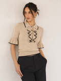 Ruffled Knit Top with Contrast Trim Details
