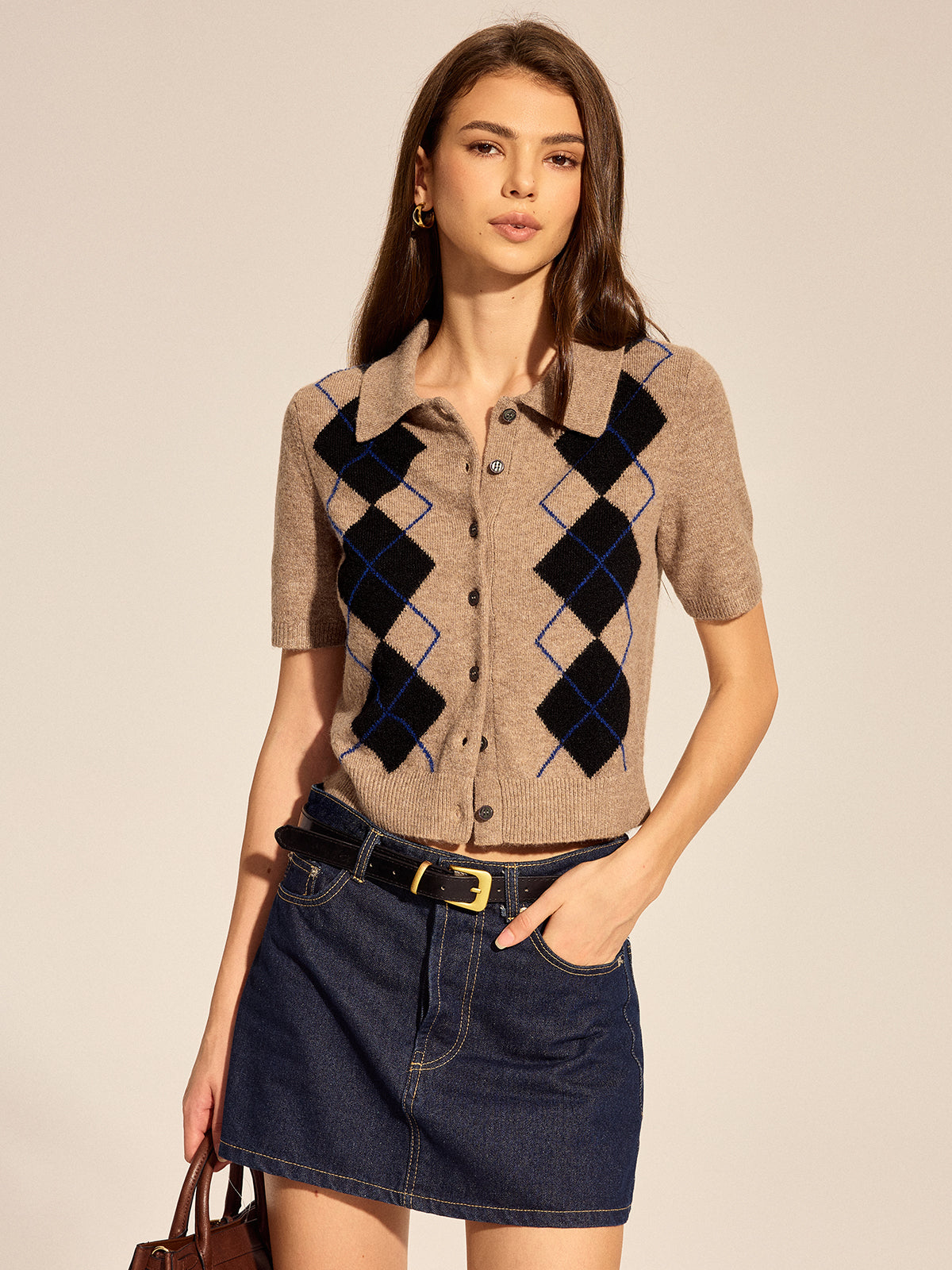 Argyle Knit Cardigan with Short Sleeves and Collared Design