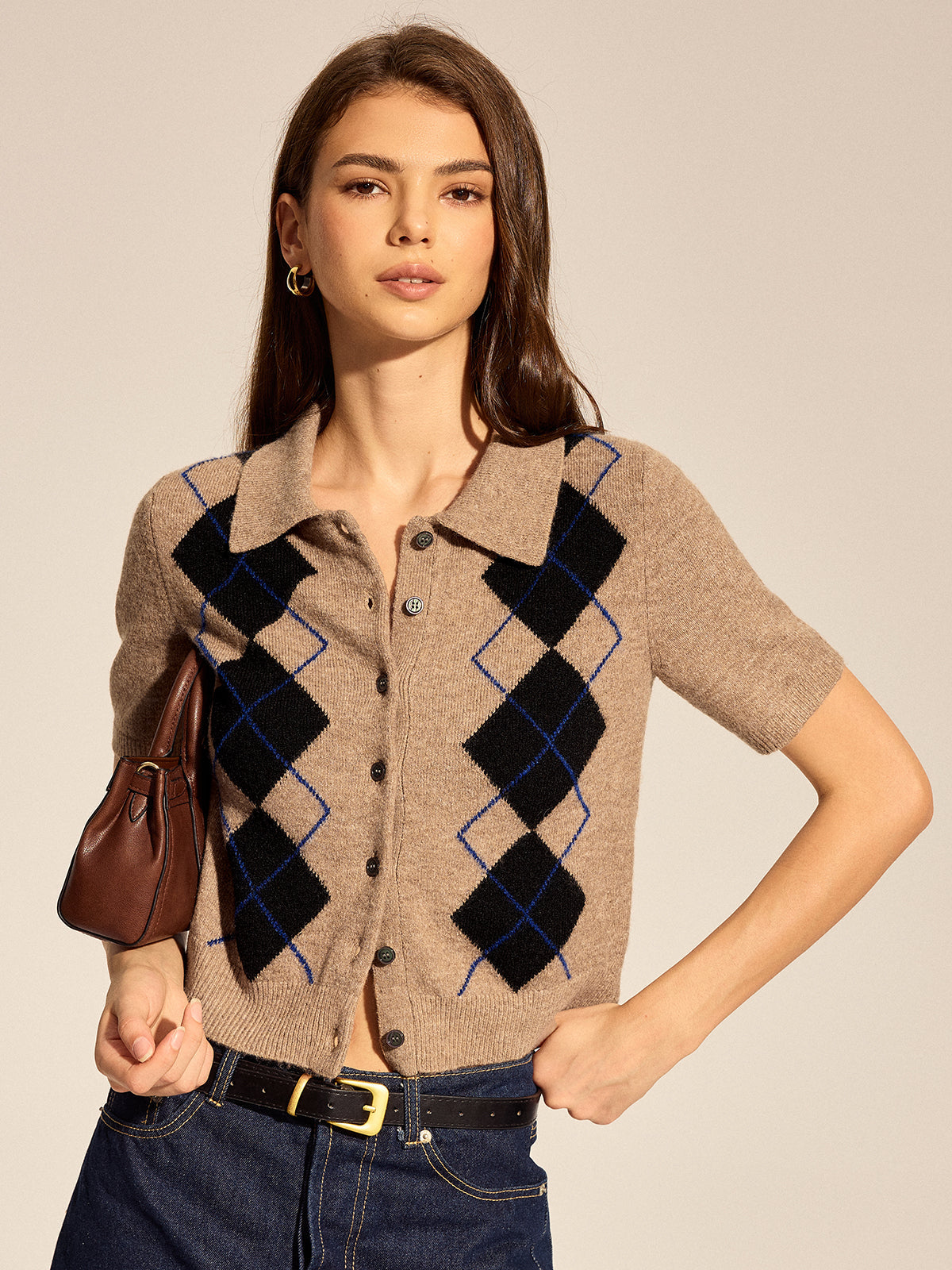 Argyle Knit Cardigan with Short Sleeves and Collared Design