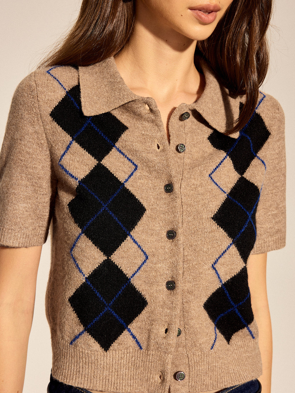 Argyle Knit Cardigan with Short Sleeves and Collared Design