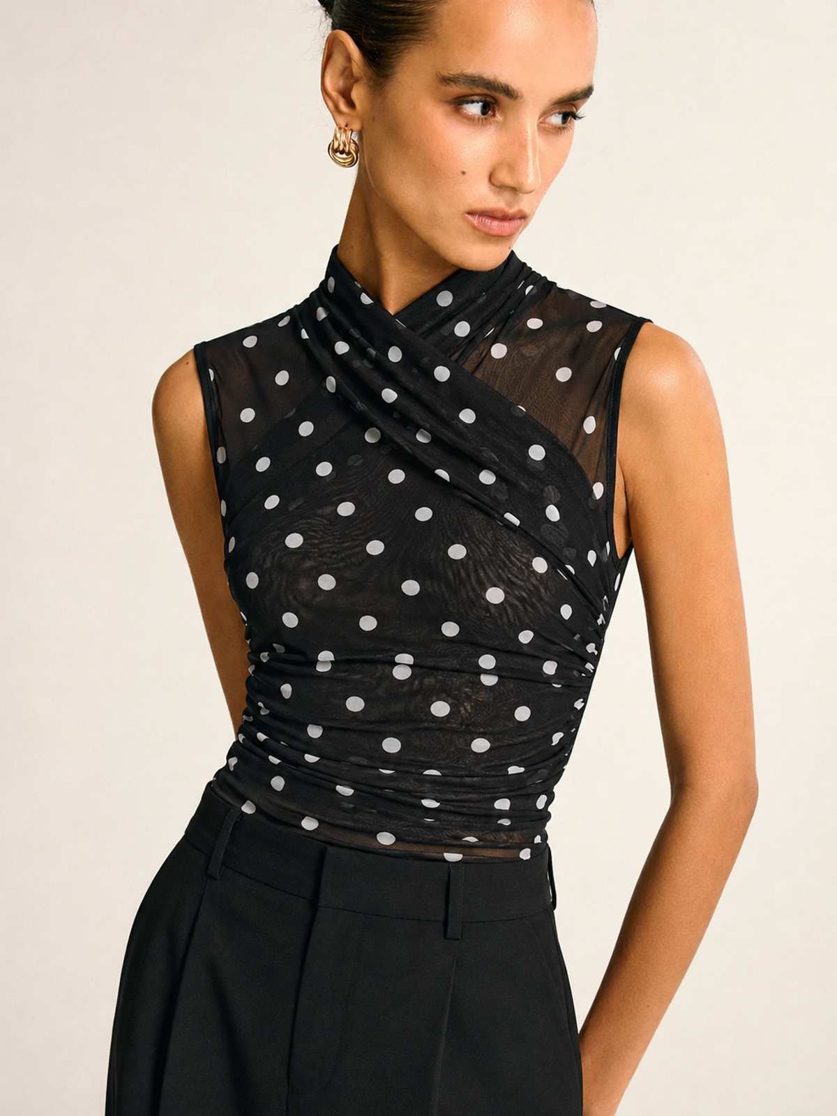 Ruched Mesh Top with Polka Dot Print and Sleeveless Design
