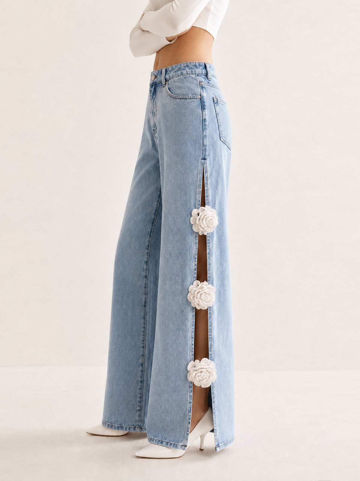 Floral Embellished Wide Leg Jeans with Side Slits