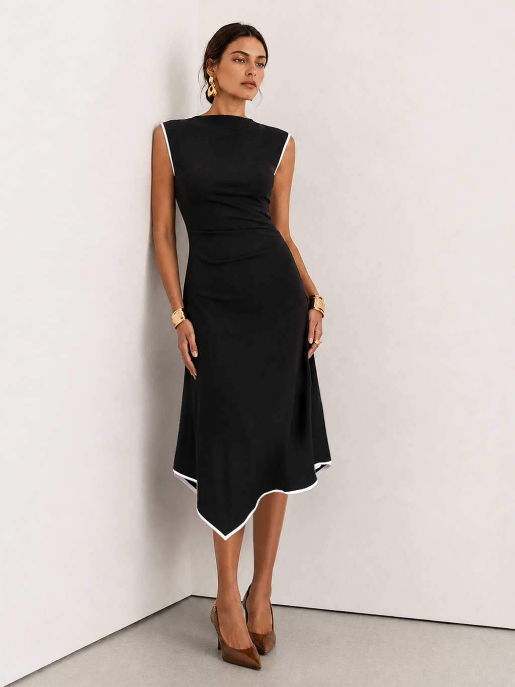 Asymmetrical Hem Sleeveless Dress with Contrast Trim
