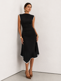 Asymmetrical Hem Sleeveless Dress with Contrast Trim