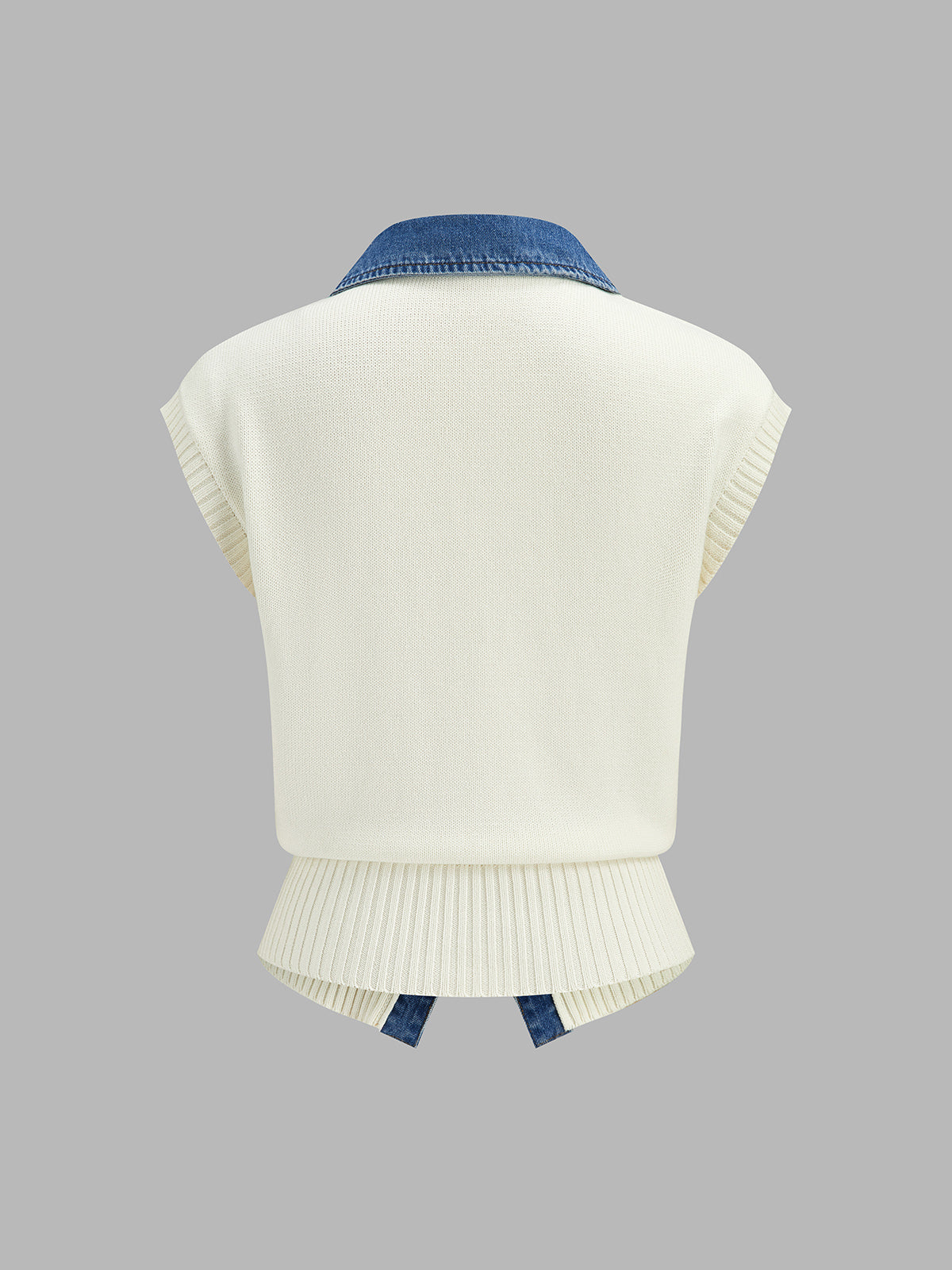 Floral-Embroidered Denim Collar Knit Vest