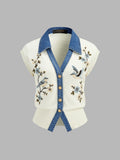 Floral-Embroidered Denim Collar Knit Vest