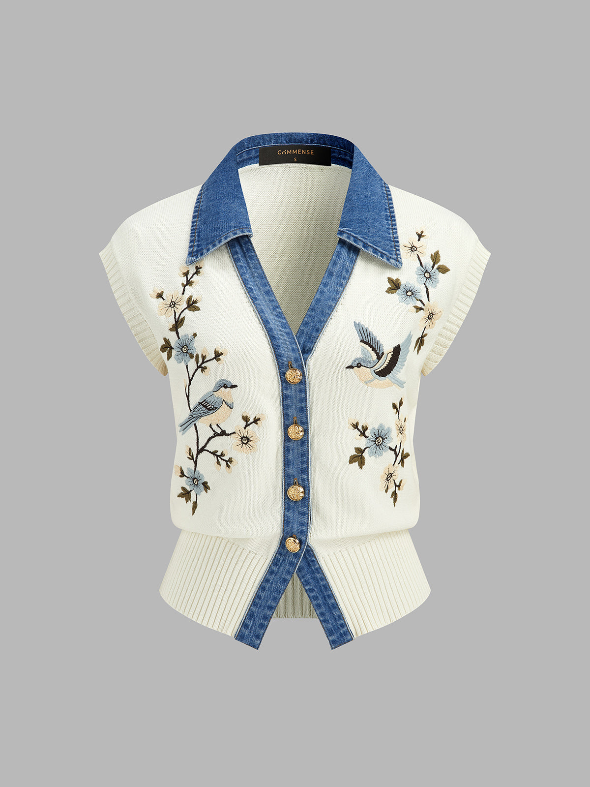 Floral-Embroidered Denim Collar Knit Vest