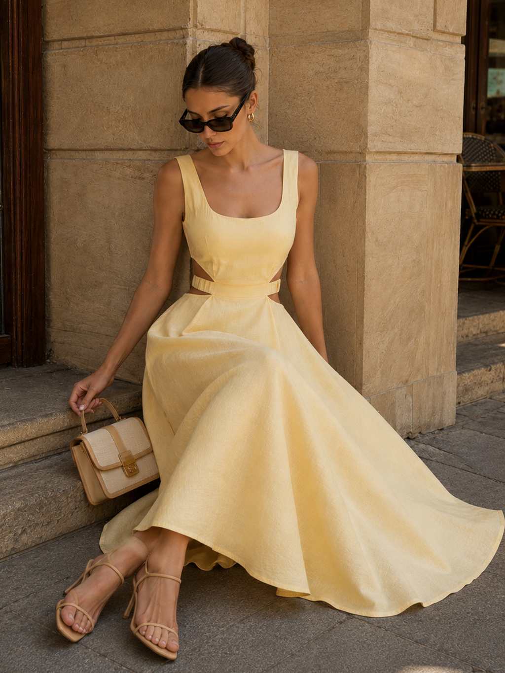 Chic Cutout Maxi Dress in Soft Cotton-Linen Blend
