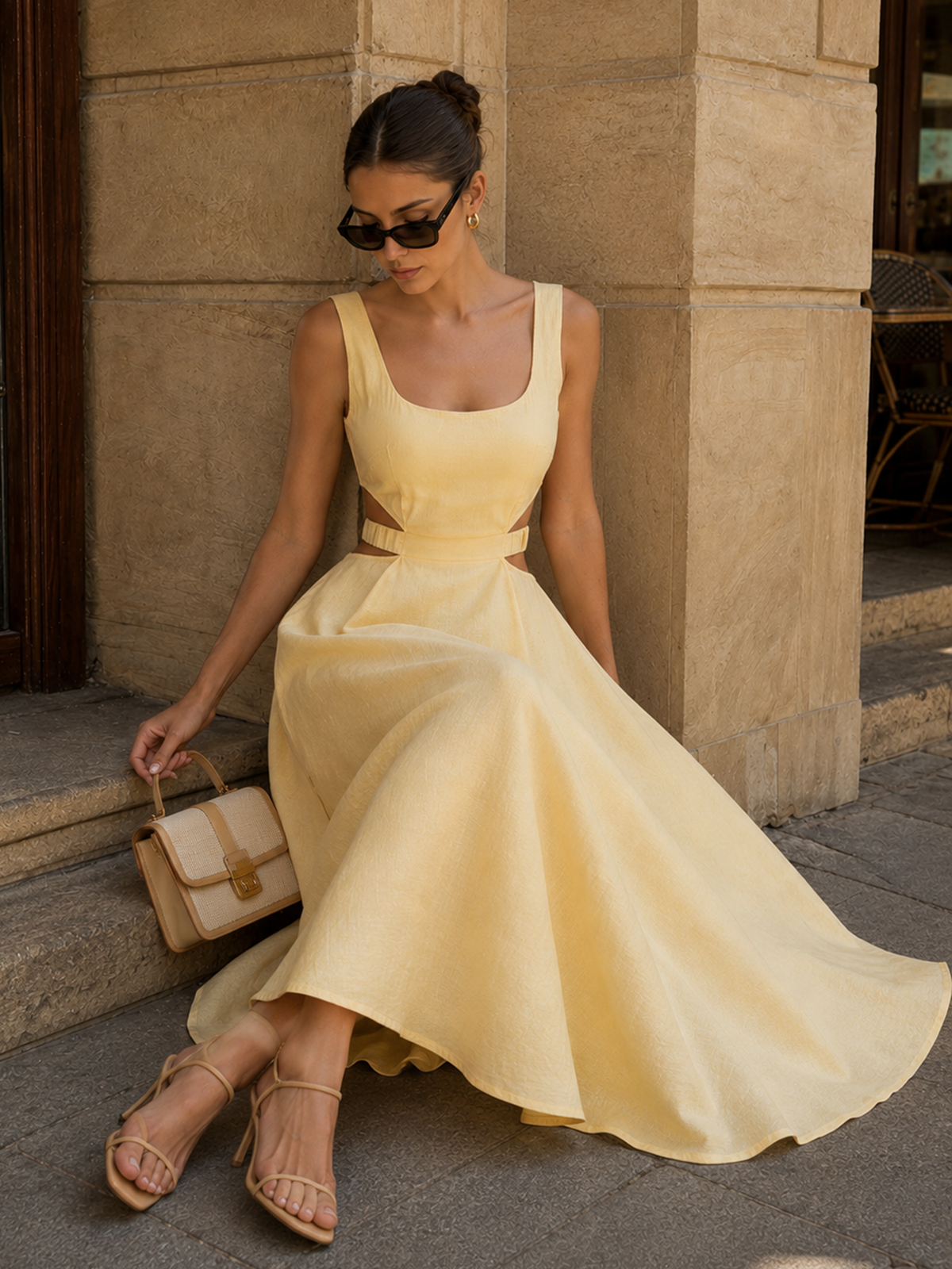 Chic Cutout Maxi Dress in Soft Cotton-Linen Blend
