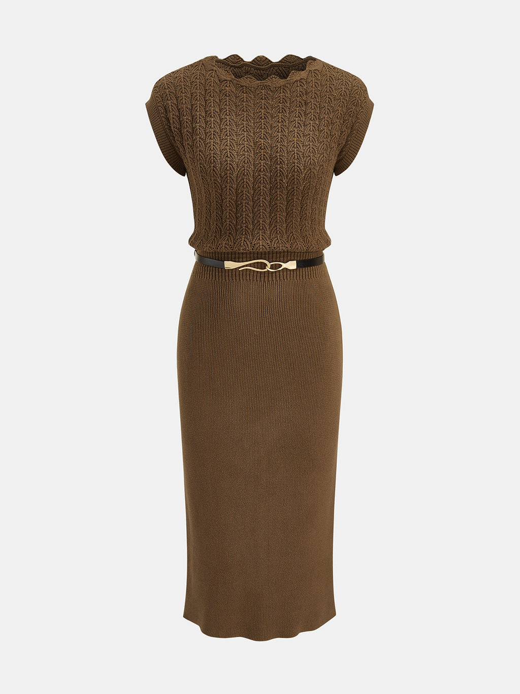 Belted Knit Midi Dress with Scalloped Neckline