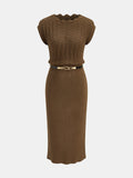 Belted Knit Midi Dress with Scalloped Neckline
