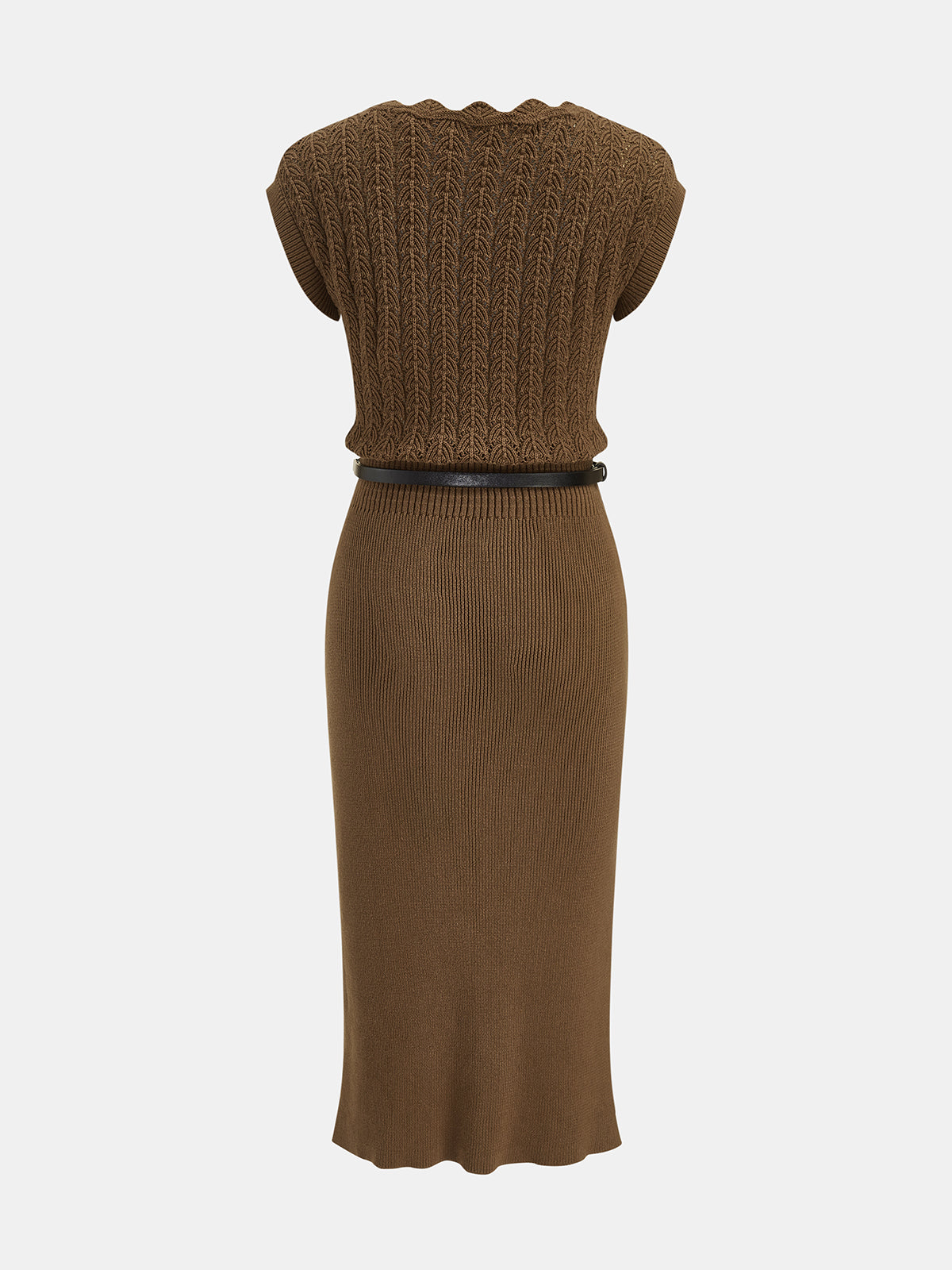 Belted Knit Midi Dress with Scalloped Neckline