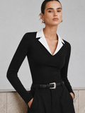 Chic Fitted Long Sleeve Top with Contrast Lapels