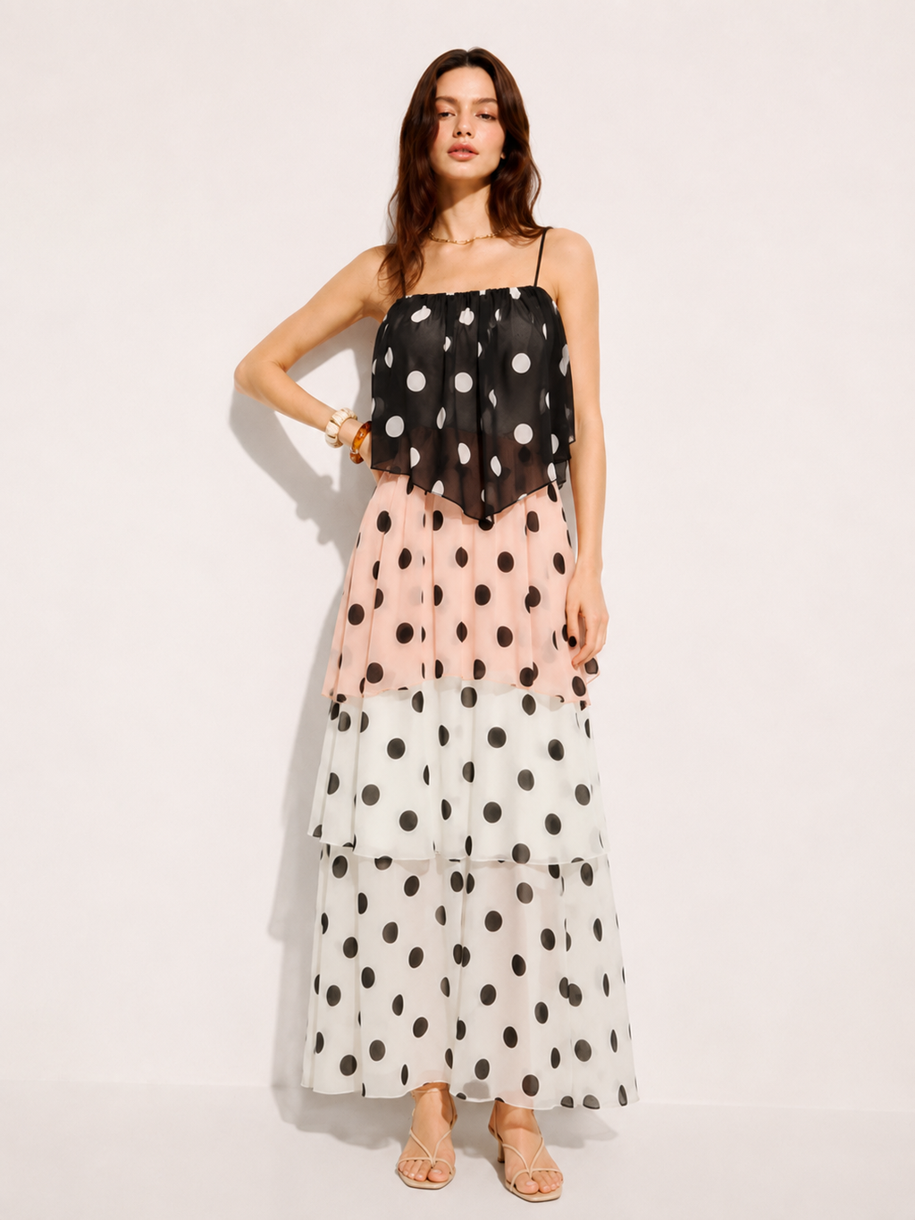 Chic Color Block Polka Dot Tiered Maxi Dress