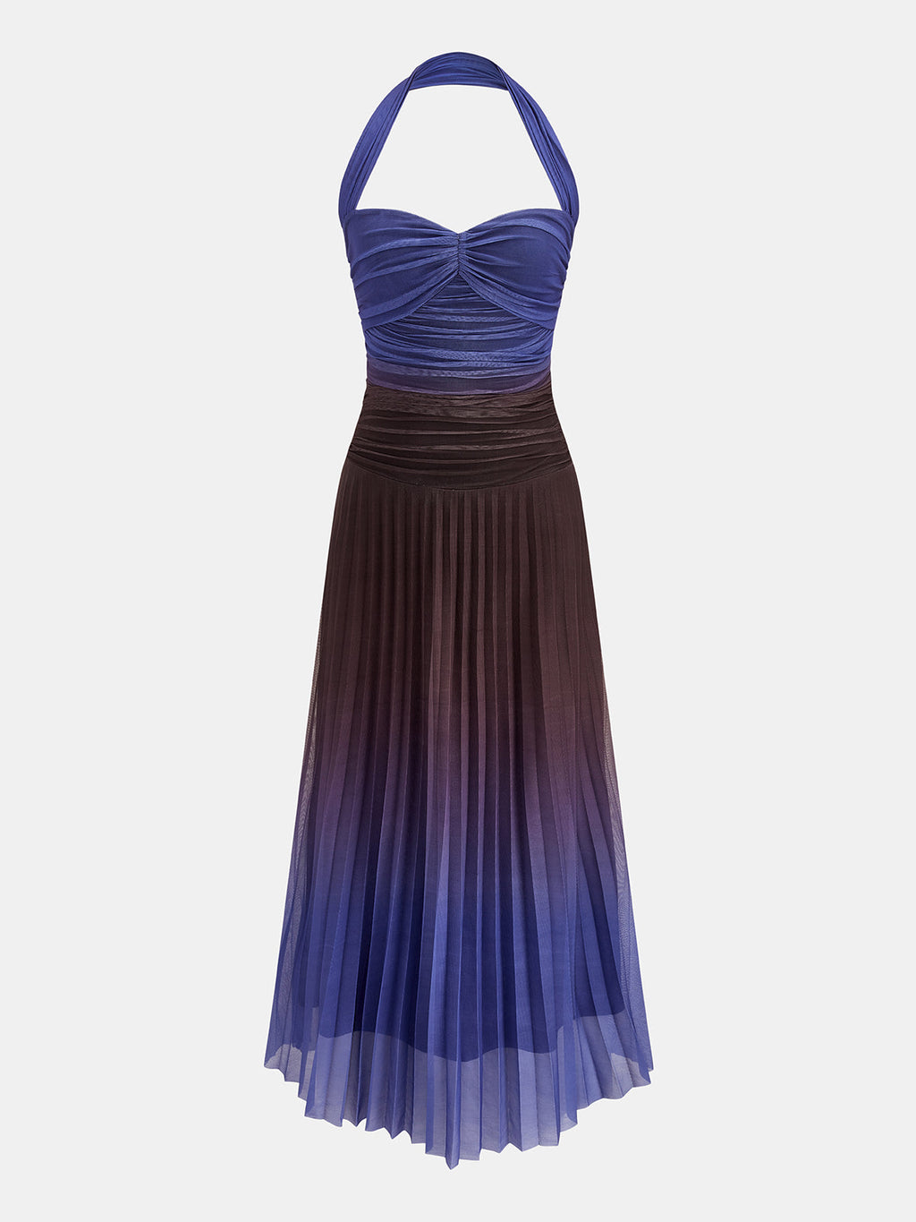 Gradient Pleated Halter Neck Maxi Dress