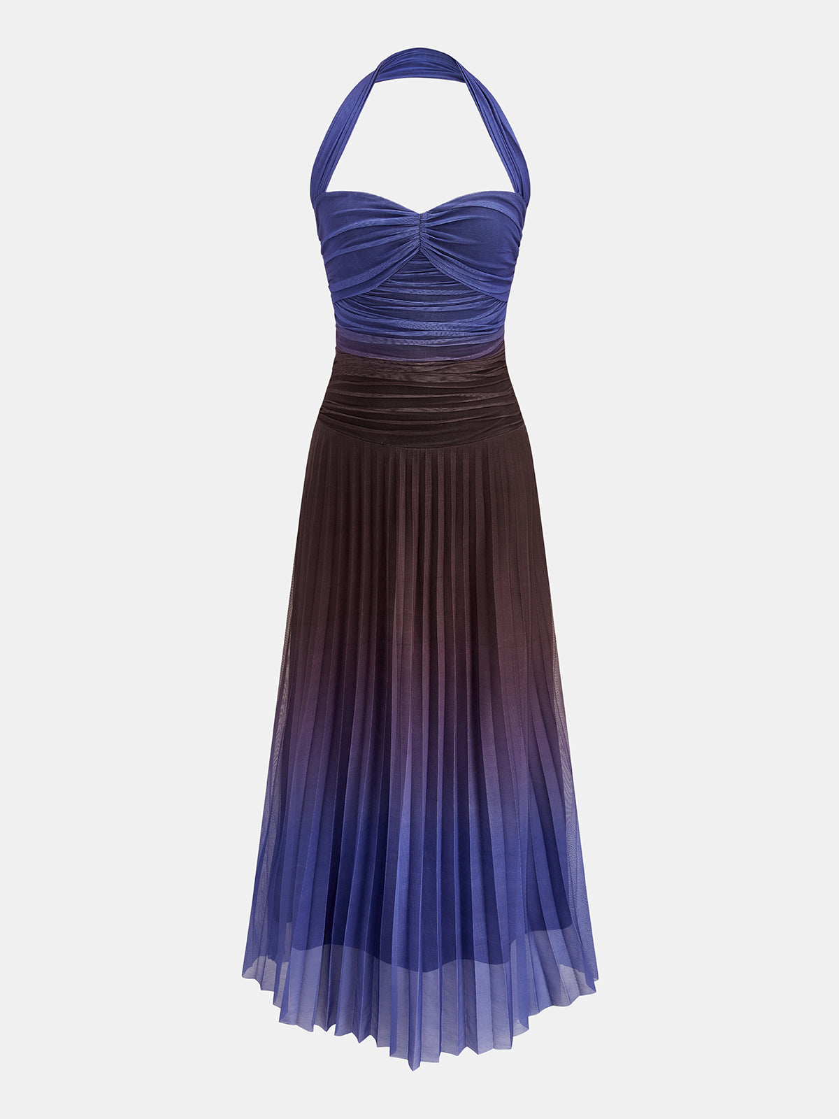 Gradient Pleated Halter Neck Maxi Dress