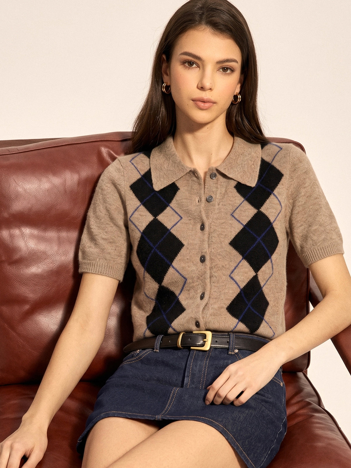 Argyle Knit Cardigan with Short Sleeves and Collared Design