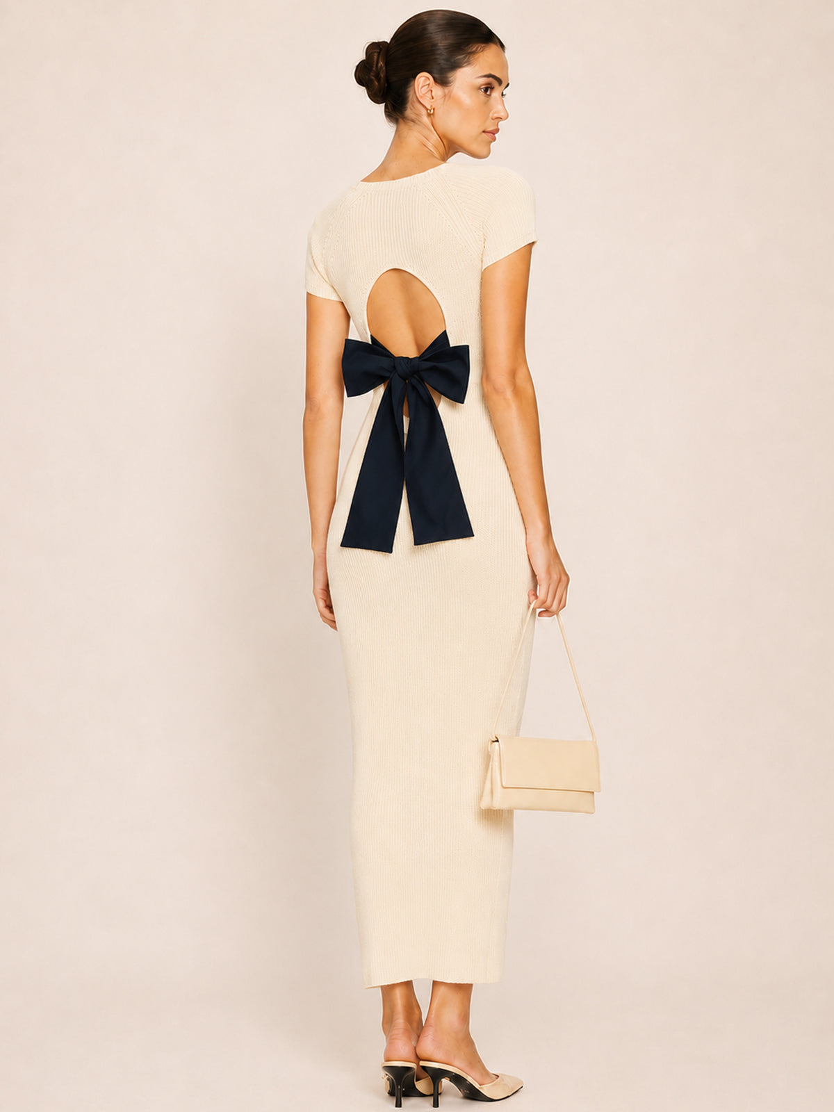 Knit Midi Dress with Back Cutout and Bow Detail