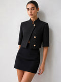 Tailored Stand Collar Blazer with Metal Button Accents