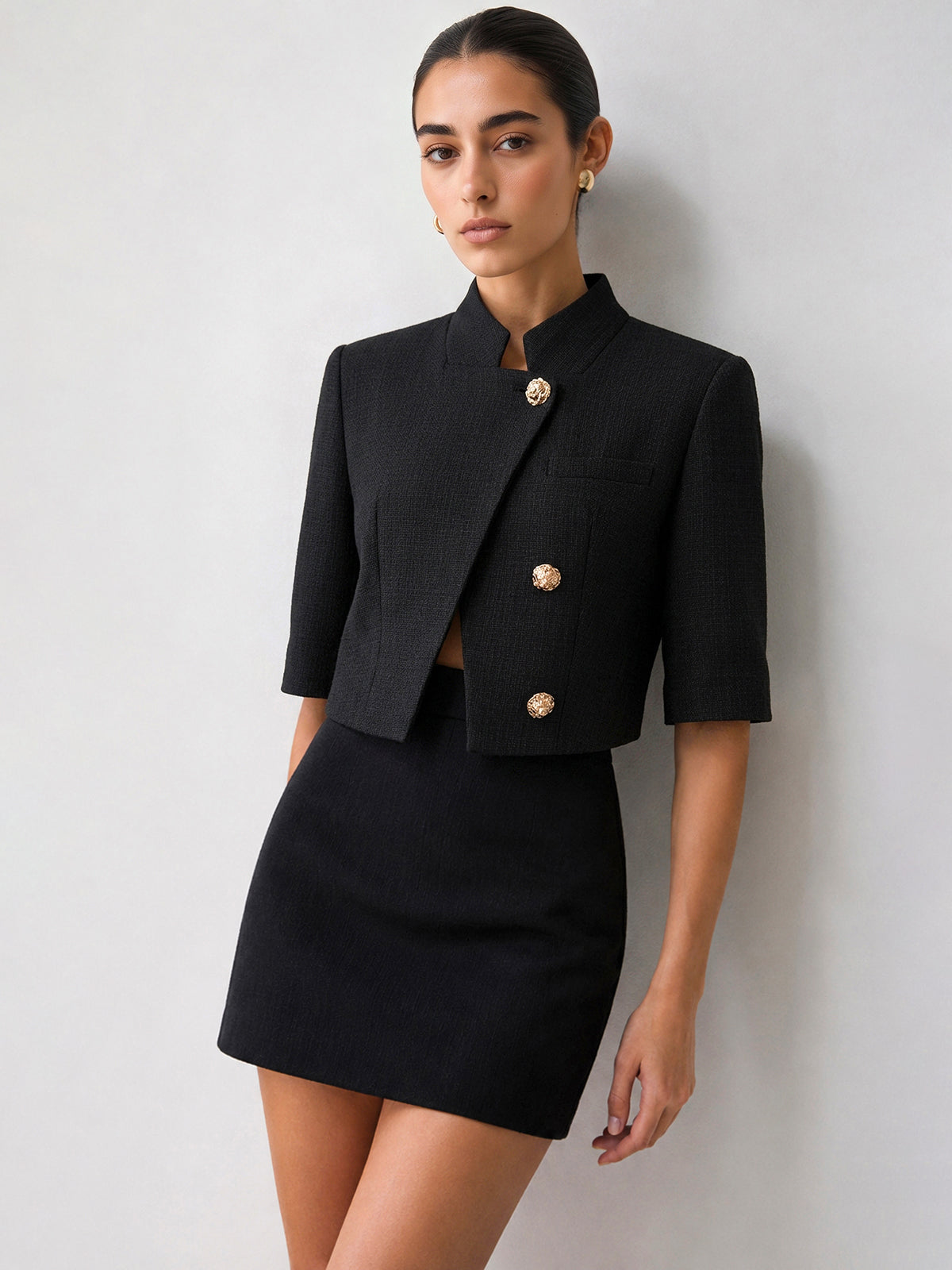 Tailored Stand Collar Blazer with Metal Button Accents