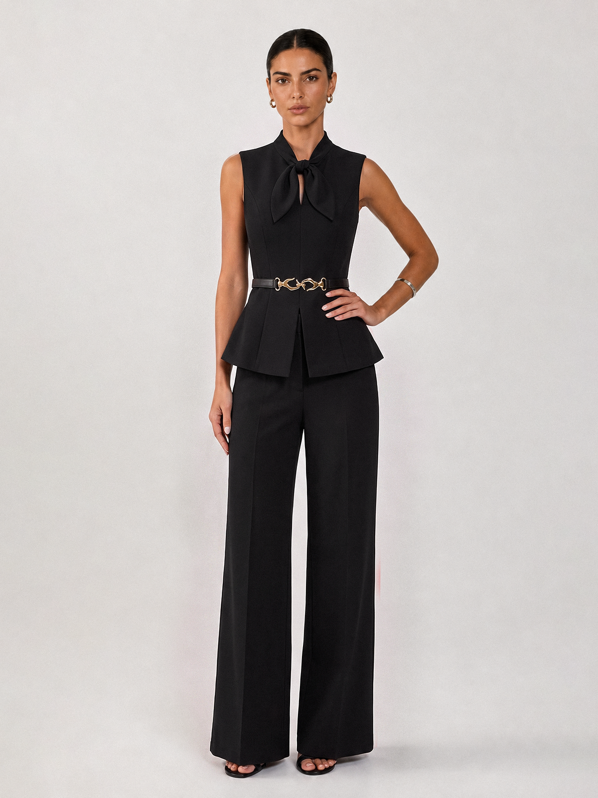 Chic Bow-Detail Sleeveless Top with Flowing Wide Leg Pants