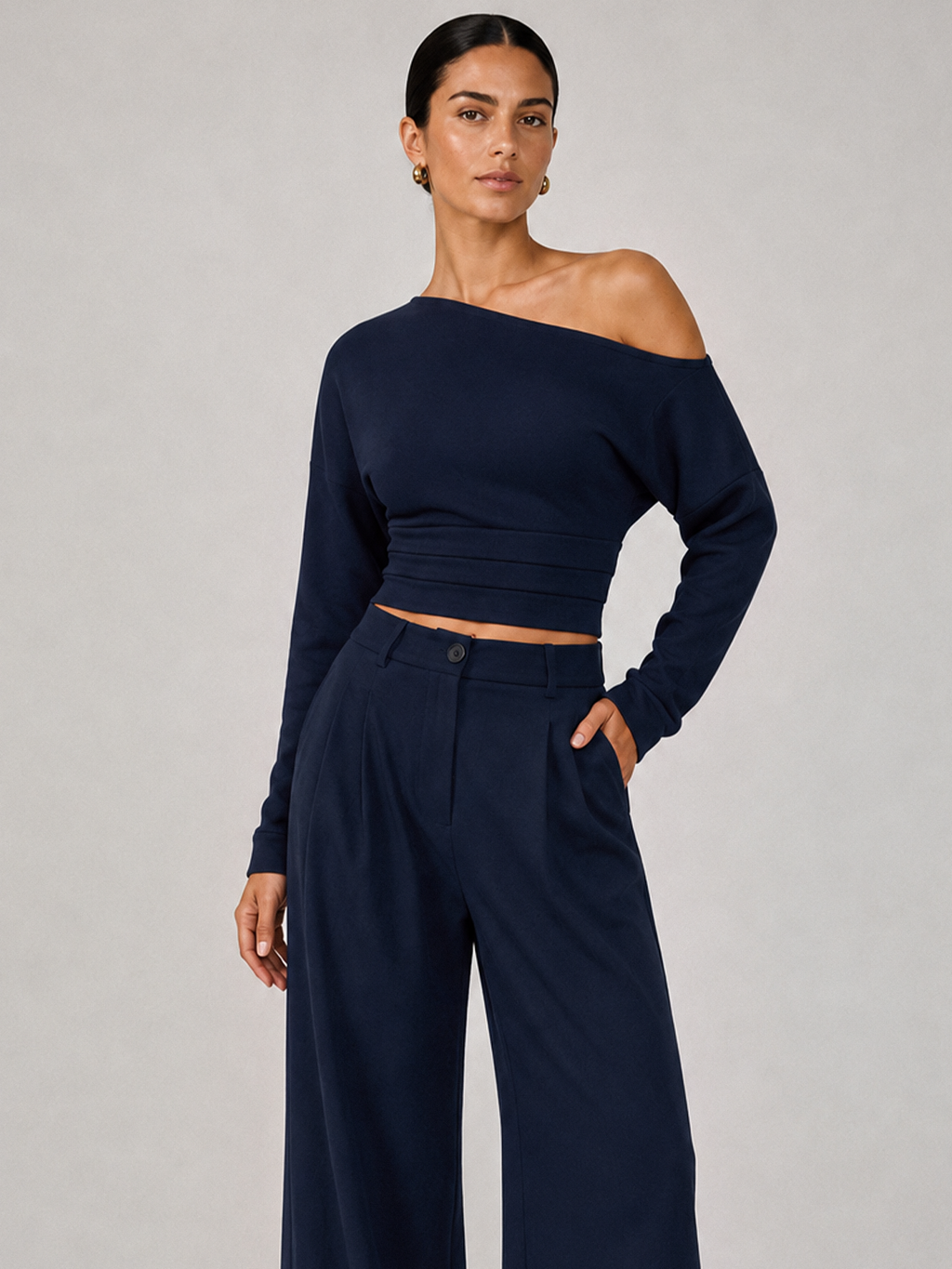 Chic Off-Shoulder Crop Top and Tailored Pants Ensemble