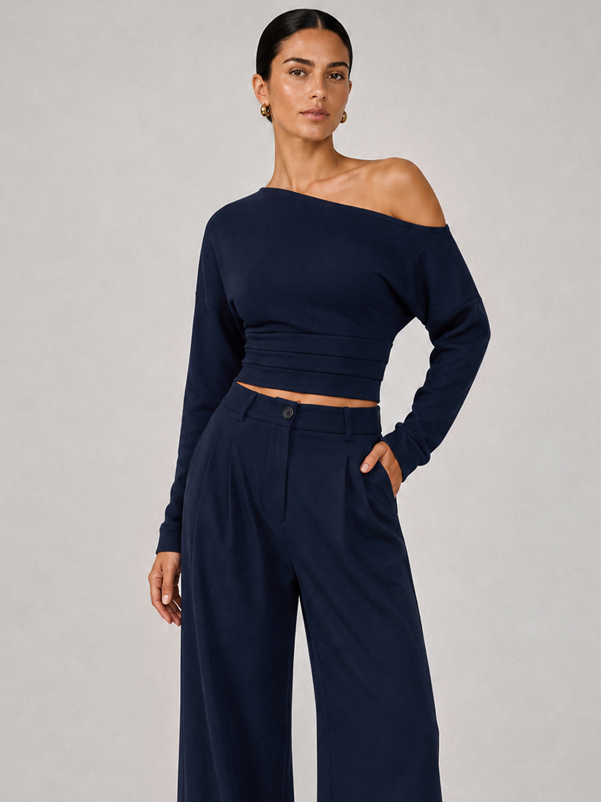 Chic Off-Shoulder Crop Top and Tailored Pants Ensemble