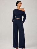 Chic Off-Shoulder Crop Top and Tailored Pants Ensemble