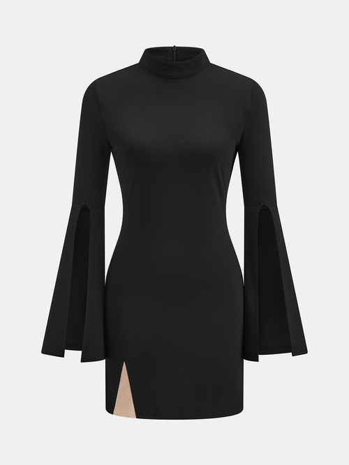 Chic High Neck Mini Dress with Split Sleeves