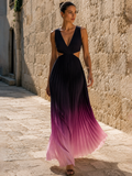 Chic Gradient Pleated Maxi Dress with Cutout Waist