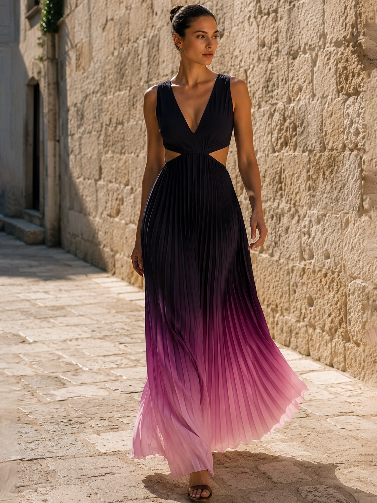 Chic Gradient Pleated Maxi Dress with Cutout Waist