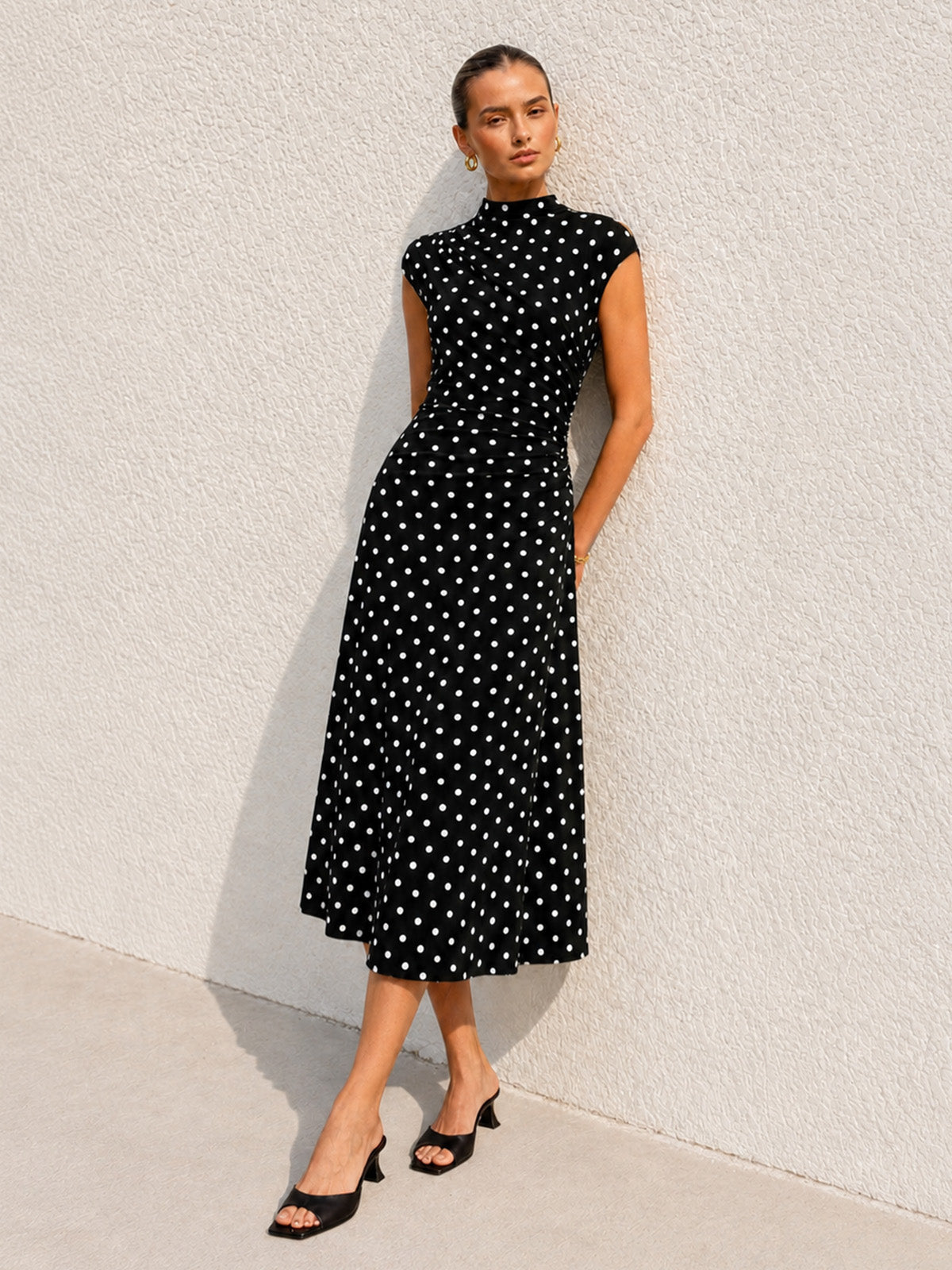 Cap Sleeve Midi Dress with Polka Dot Flare