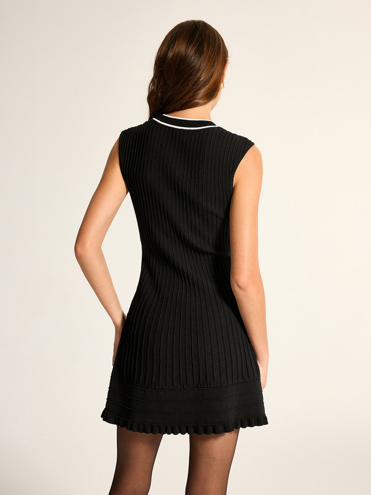 Ribbed Knit Dress with Contrast Trim and Ruffled Hem