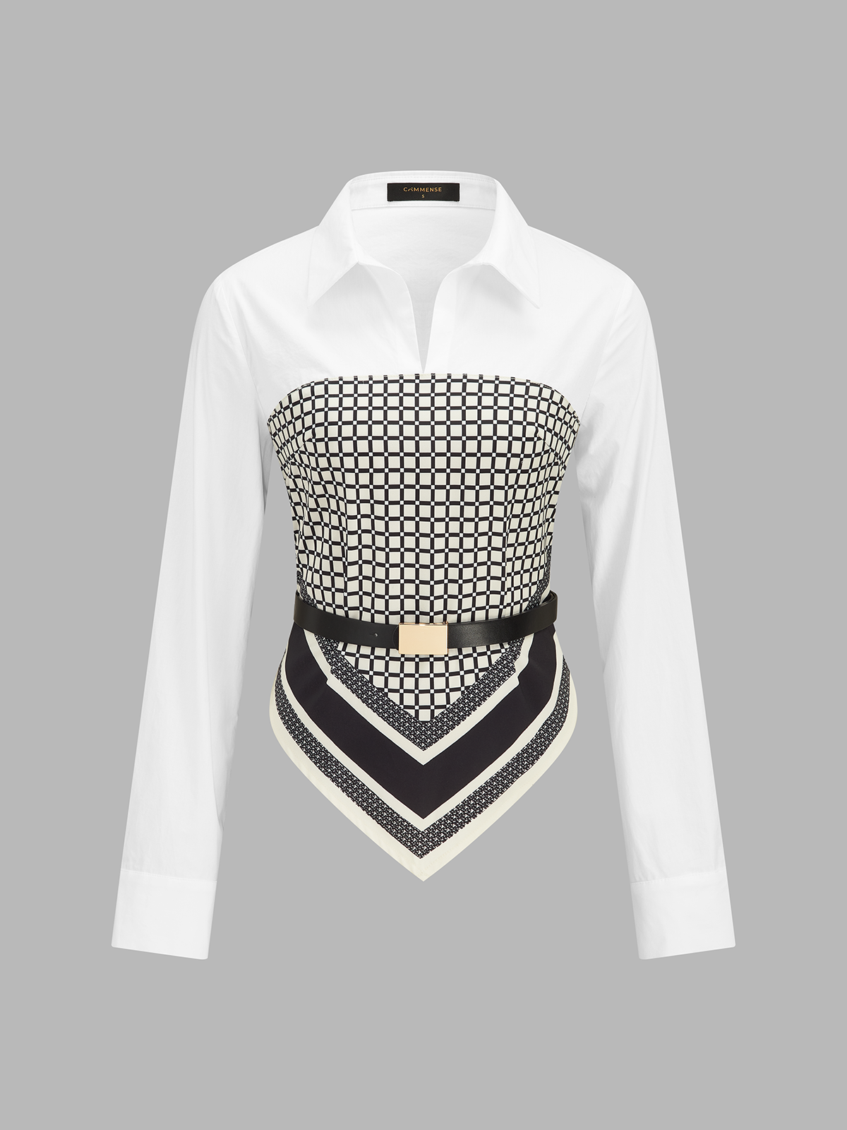 Belted Patchwork Shirt with Scarf Hem Detail
