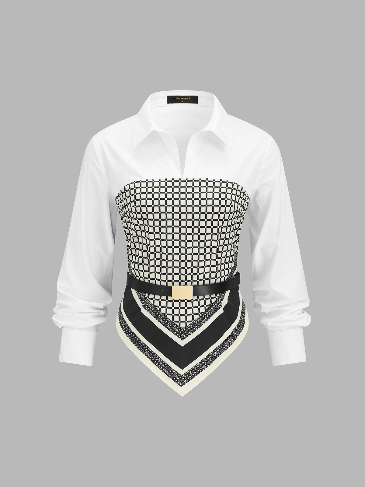 Belted Patchwork Shirt with Scarf Hem Detail