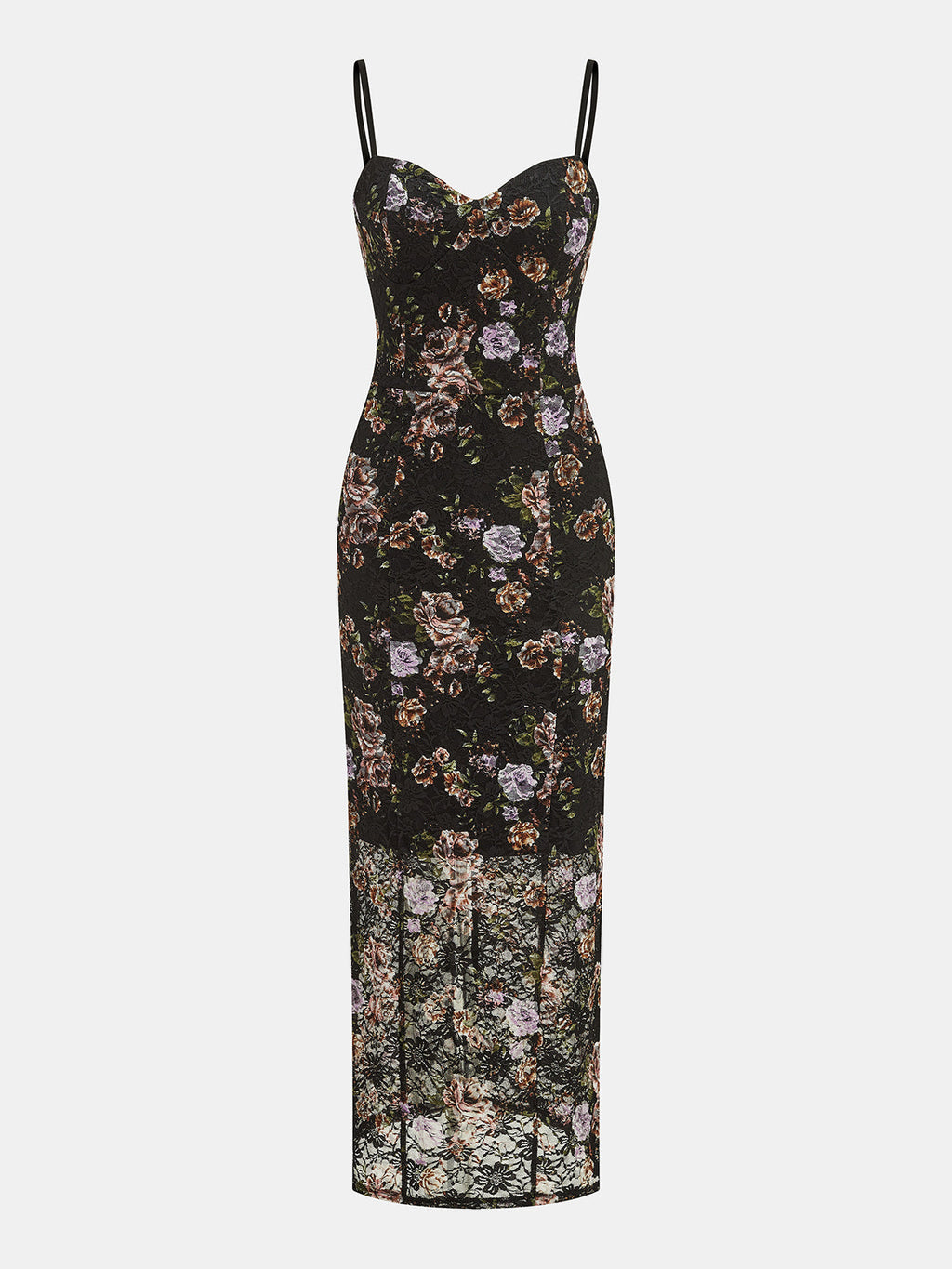 Lace-Trimmed Floral Maxi Dress with Sweetheart Neckline