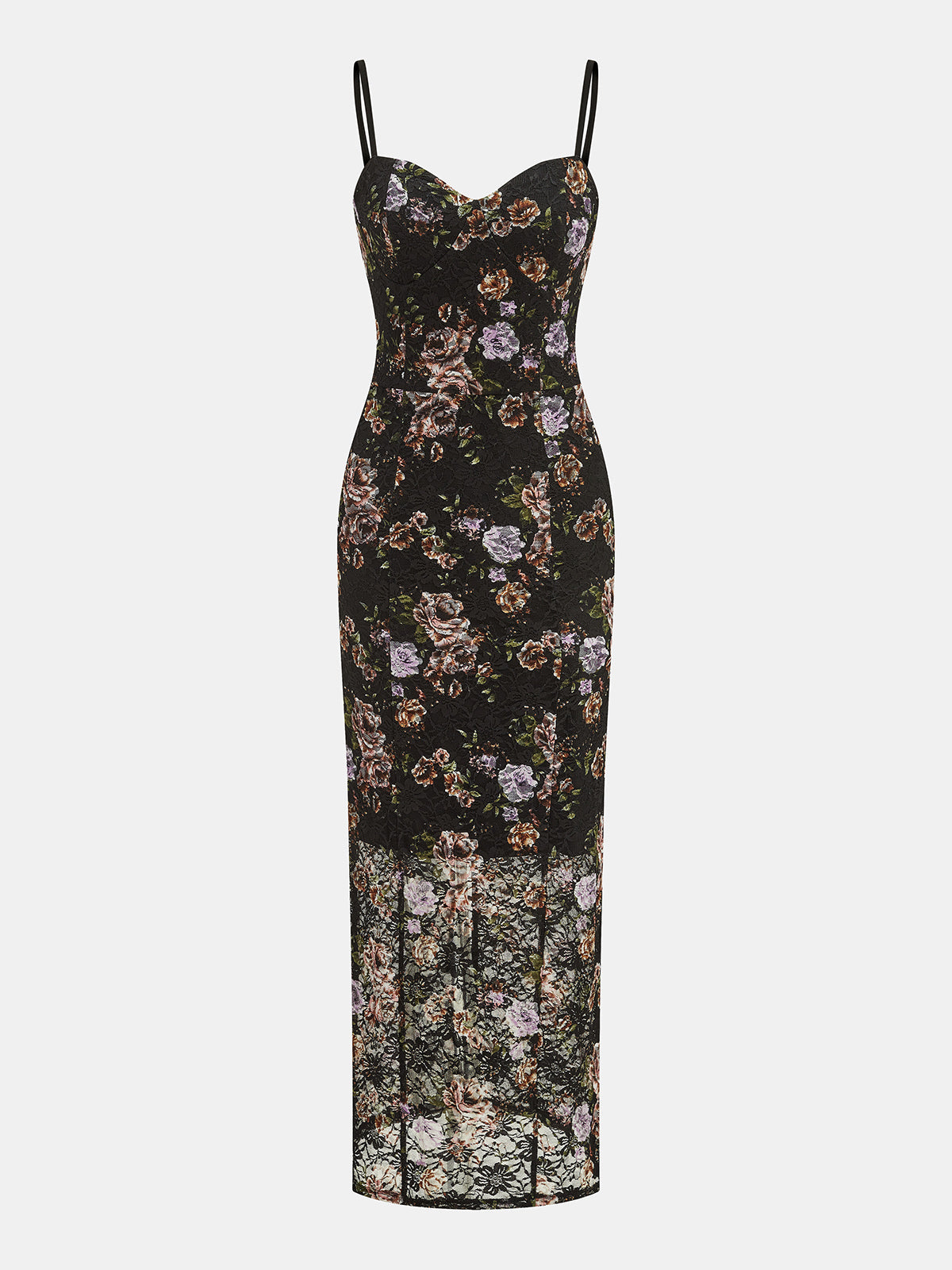 Lace-Trimmed Floral Maxi Dress with Sweetheart Neckline