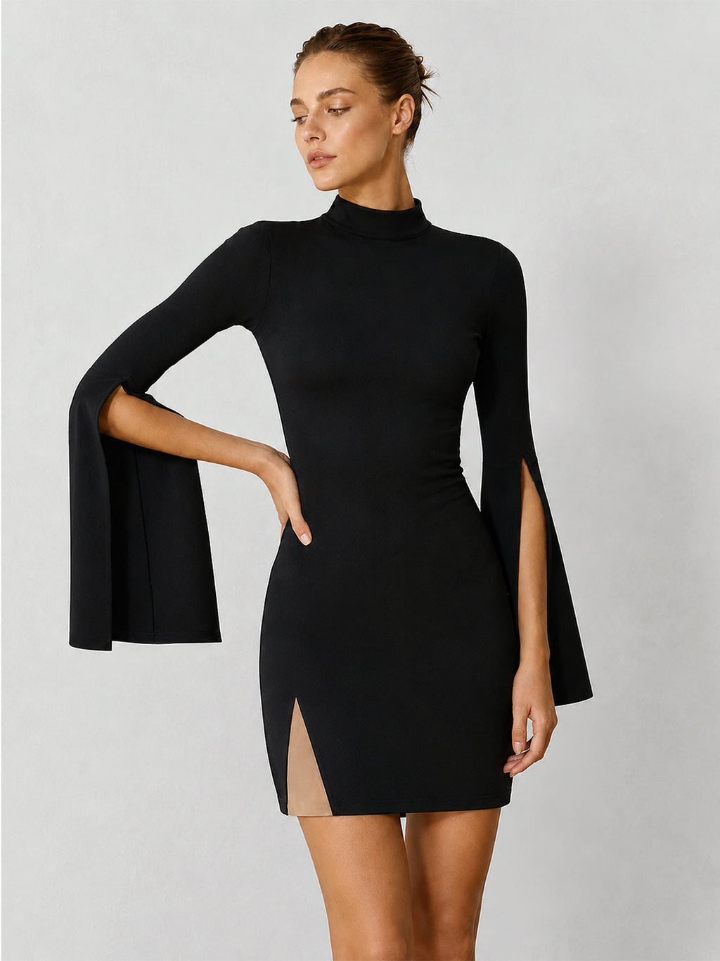 Chic High Neck Mini Dress with Split Sleeves