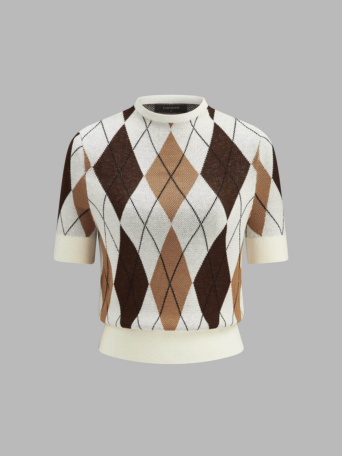 Chic Color-Block Argyle Knit Sweater with Short Sleeves